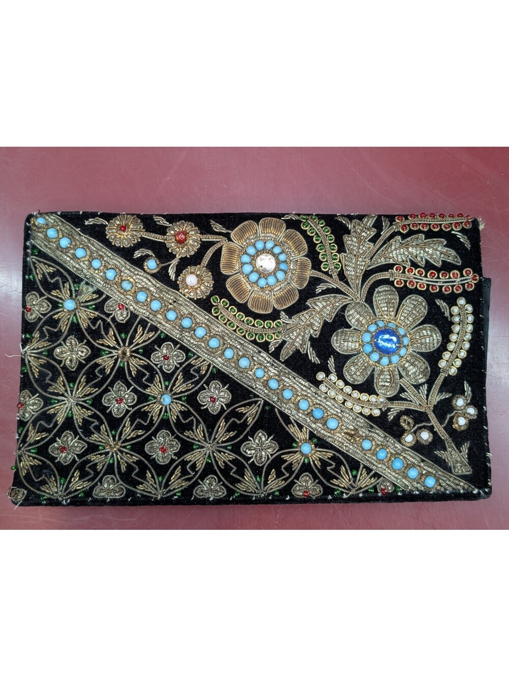 Vintage Zardozi Velvet Clutch Wallet India Hand Made Gold Metallic Beaded Evenin